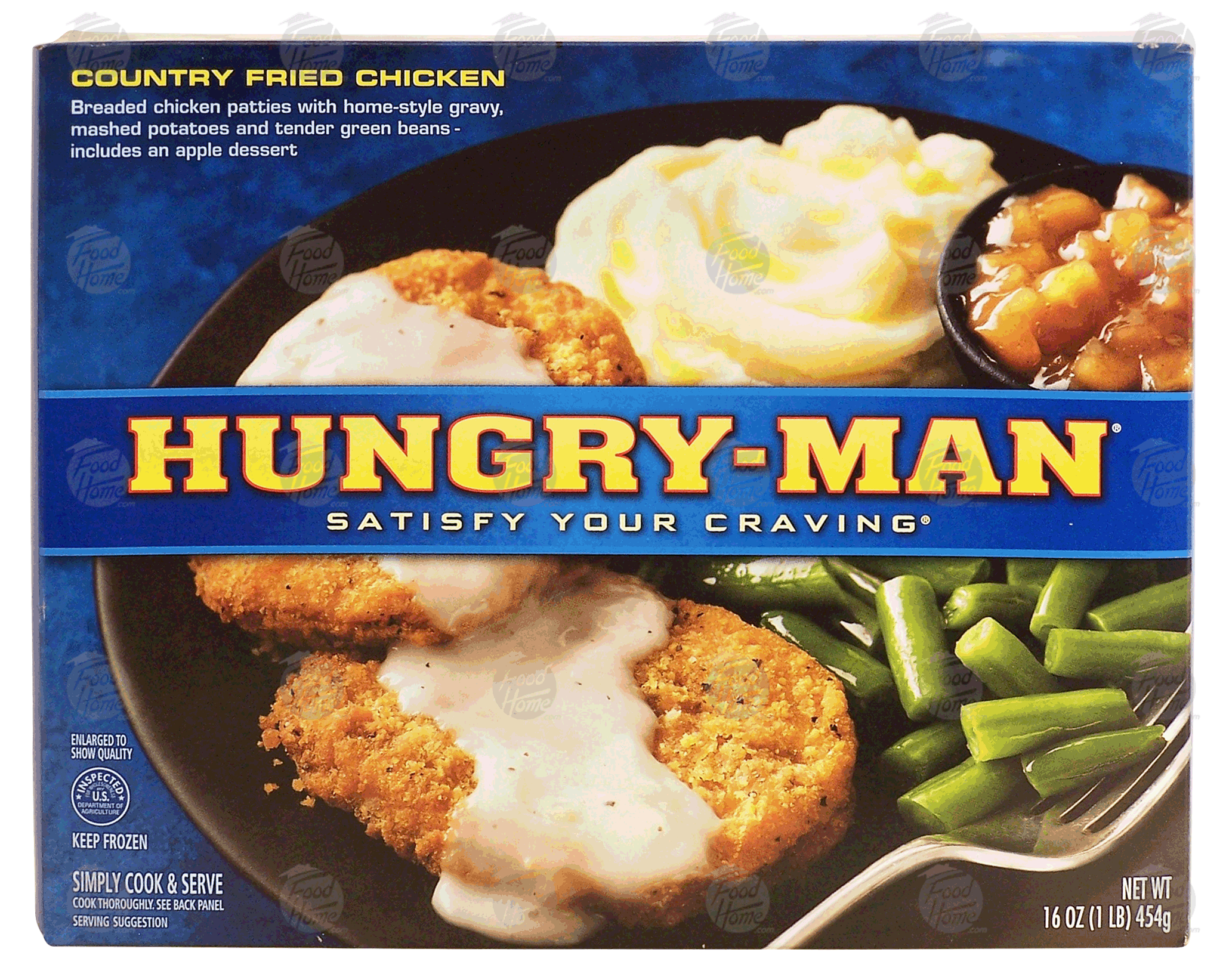 Hungry-Man  country fried chicken, with home-style gravy, mashed potatoes and green beans, w/ an apple dessert Full-Size Picture